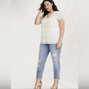 Torrid Inset Tie Neck Lace Top Size 00 (medium) ivory